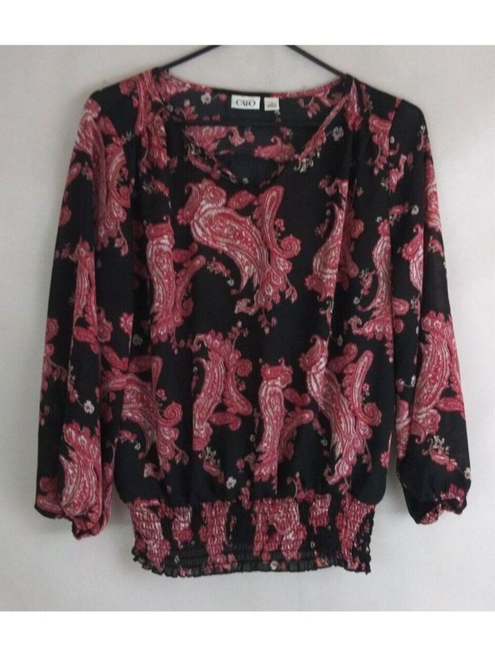 Cato Women's Black Semi-Sheer Blouse With Red Floral Paisley Design Size Medium